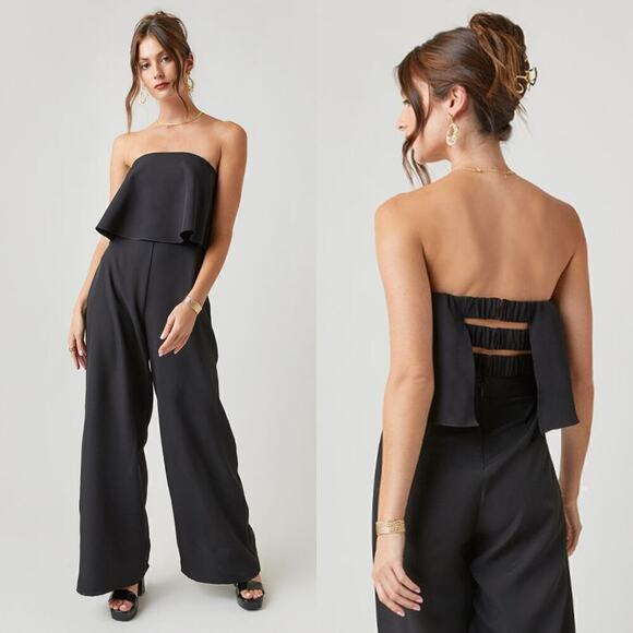 NEW NWT Francesca’s Luciana Strapless Elastic Back Wide Leg Jumpsuit Black XL - Picture 1 of 13